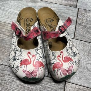 Calceo White & Pink Flamingo Clogs size 40 (9.5)